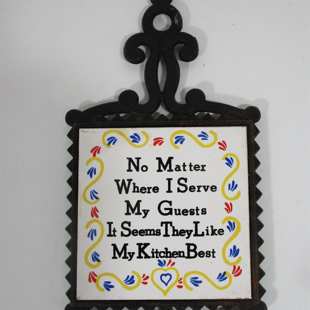 Cast Iron Ceramic Decorative or Functional Trivet with Saying  Vintage